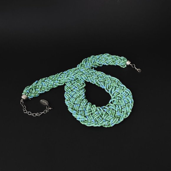 Tanjore India SignedTurquoise Blue Green Woven Seed Bead Collar Bib Necklace - Picture 5 of 12